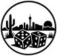 Lucky dice crest vinyl decal: black circle with city skyline and two dice