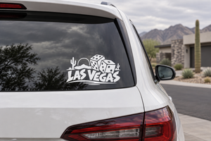 Las Vegas lucky dice wordmark vinyl decal with cactus and dice graphic on car rear glass