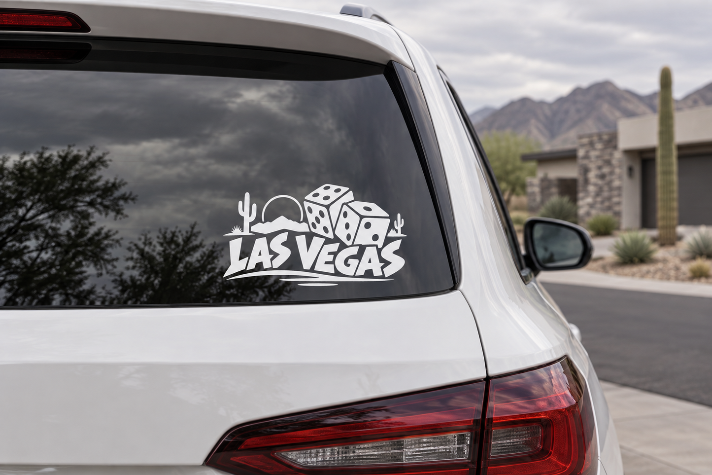 Las Vegas lucky dice wordmark vinyl decal with cactus and dice graphic on car rear glass