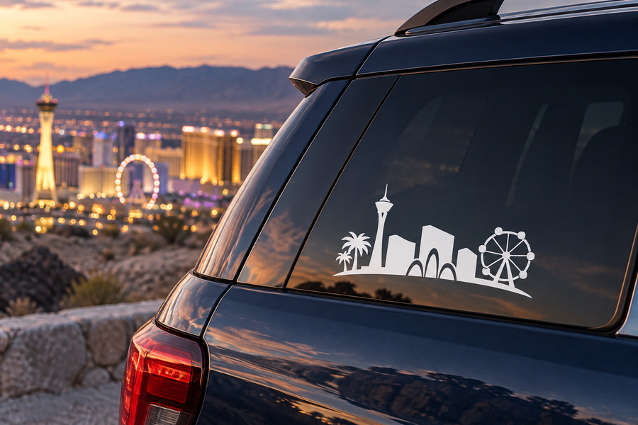 Vinyl car window decal showing white skyline icons, palm tree, and ferris wheel