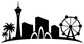 Black-and-white skyline vinyl decal with palm trees, tower, arches, and ferris wheel