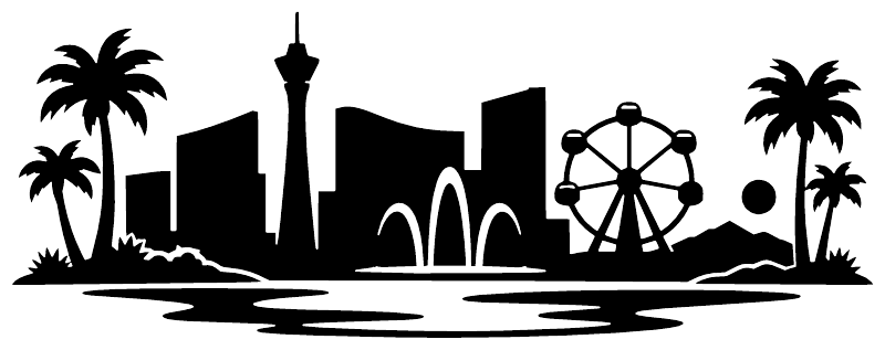 Black city skyline vinyl decal silhouette with palm trees, fountains, and Ferris wheel