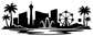 Black city skyline vinyl decal silhouette with palm trees, fountains, and Ferris wheel