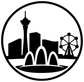 Round black-and-white skyline vinyl decal with fountain and Ferris-wheel icon