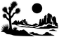 Black desert horizon vinyl decal silhouette with Joshua tree, mountains, and circle sun