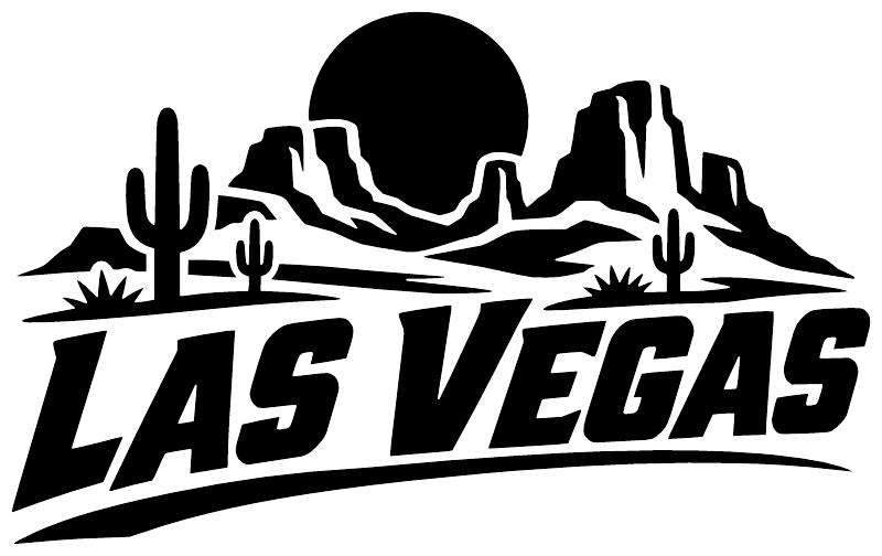 Black-and-white Las Vegas wordmark vinyl decal with skull, desert cacti, and mountains