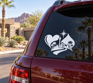 White vinyl car decal with heart-shaped Las Vegas skyline, palm trees, and star