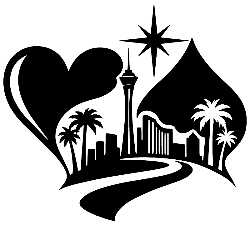 Black-and-white skyline heart and card-suit emblem vinyl decal with palm trees