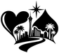 Black-and-white skyline heart and card-suit emblem vinyl decal with palm trees