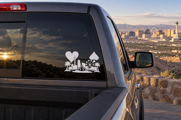 Car window vinyl decal, black-and-white Las Vegas emblem