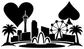 Black-and-white vinyl decal with heart and spade icons over skyline