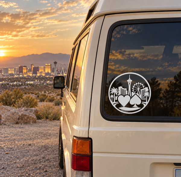 Round black-and-white emblem vinyl decal on car window