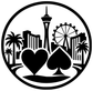 Round black-and-white skyline card suit emblem vinyl decal, ferris wheel and hearts