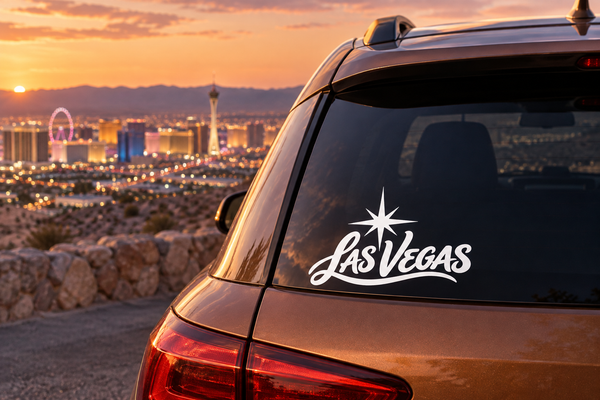Las Vegas lettering vinyl decal on car rear window, white script with star