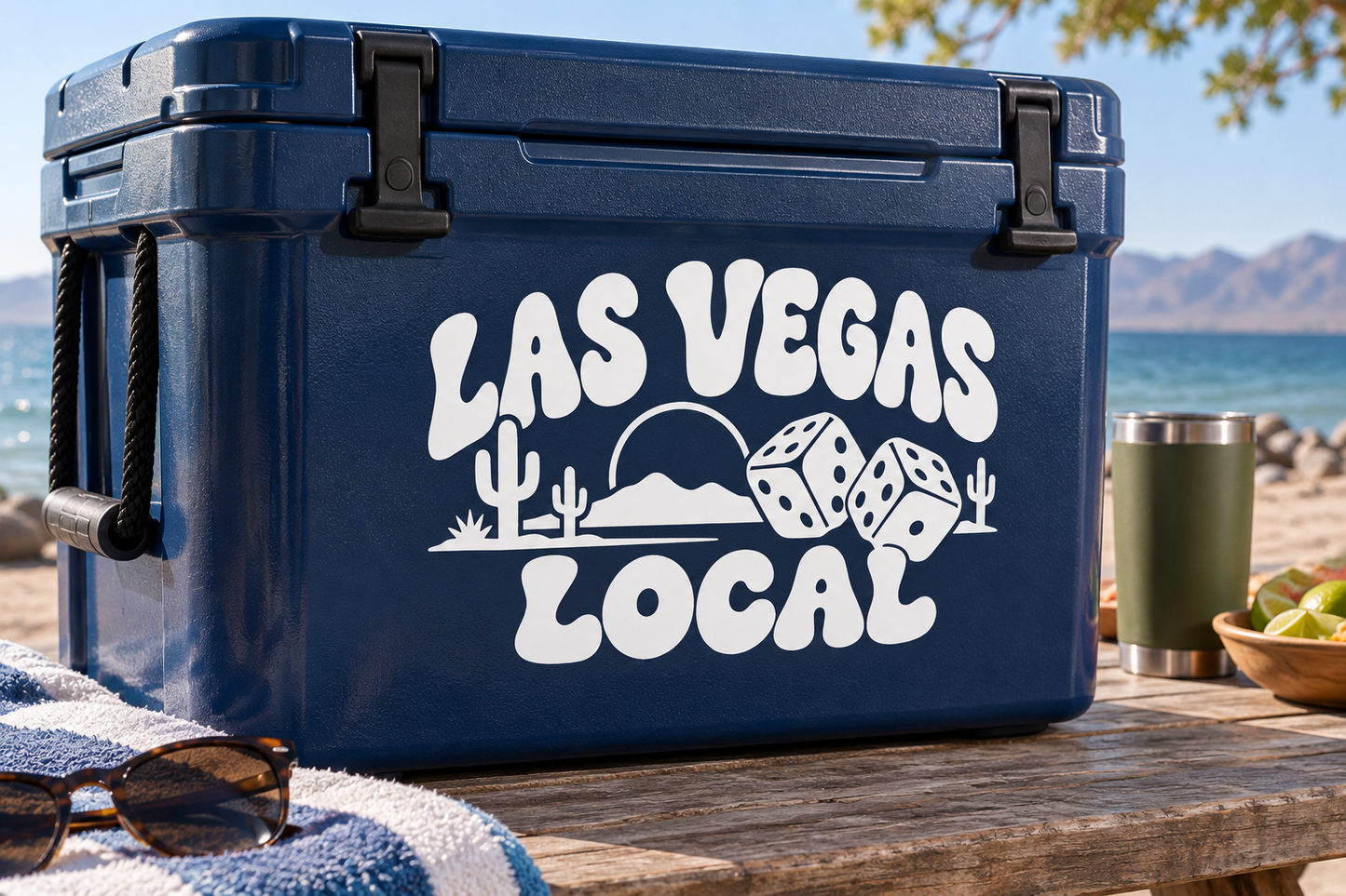 Las Vegas Local Pride vinyl decal: white LAS VEGAS LOCAL text with cactus, dice, mountain