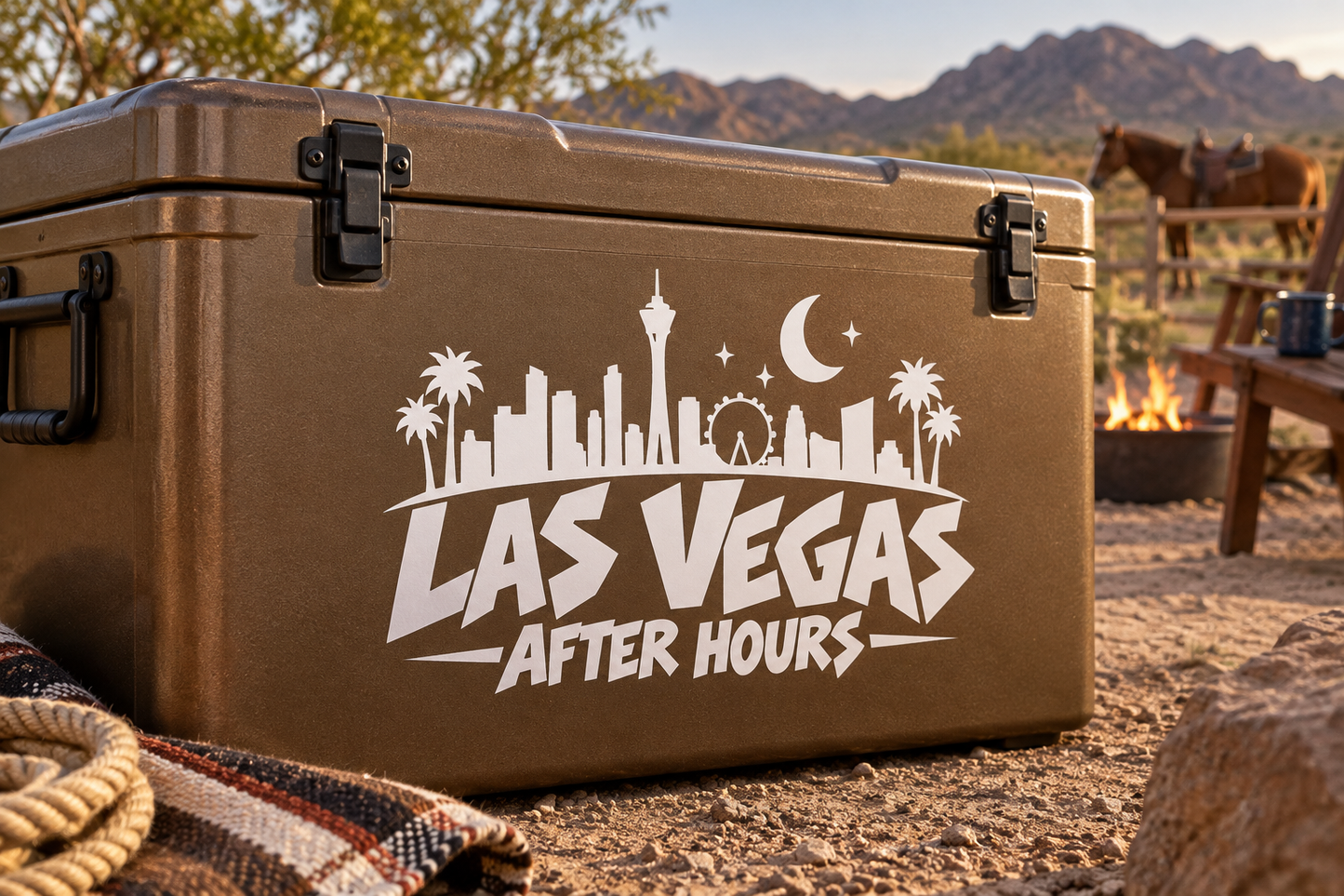 Vinyl decal with Las Vegas After Hours skyline, palm trees, and moon on cooler