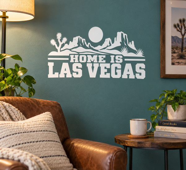 Vinyl wall decal with desert skyline and text “HOME IS LAS VEGAS” in white