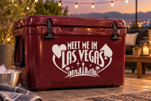 White Meet Me in Las Vegas heart lettering vinyl decal on dark red cooler