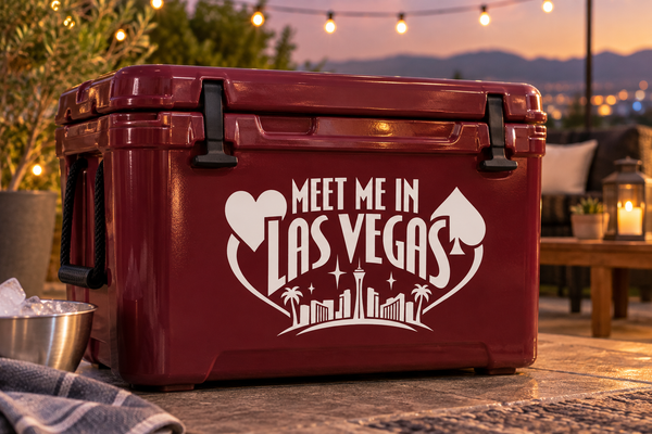 White Meet Me in Las Vegas heart lettering vinyl decal on dark red cooler