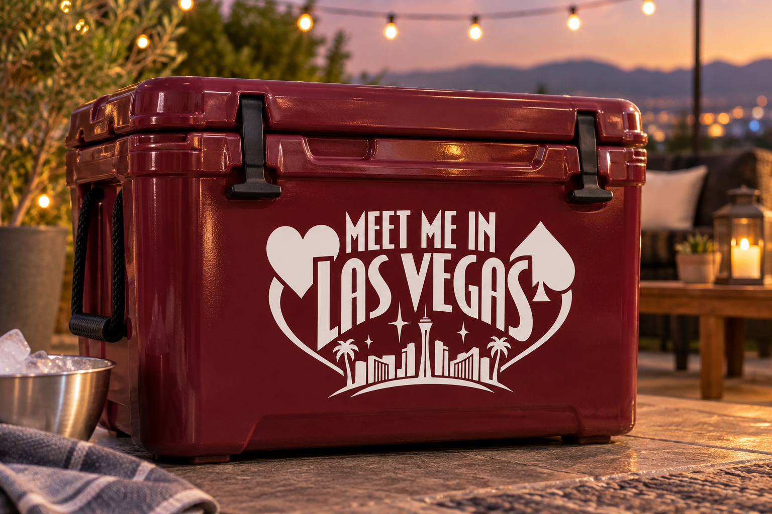 White Meet Me in Las Vegas heart lettering vinyl decal on dark red cooler