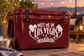 White Meet Me in Las Vegas heart lettering vinyl decal on dark red cooler