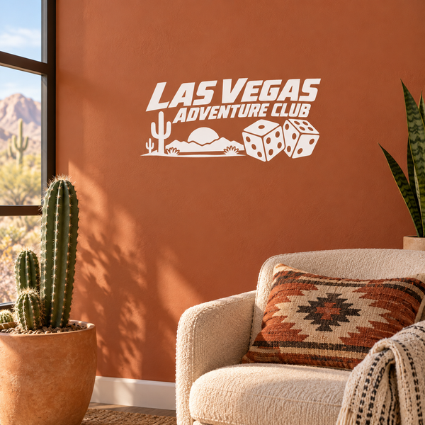 Vinyl decal: white Las Vegas Adventure Club logo with cactus, desert, and dice