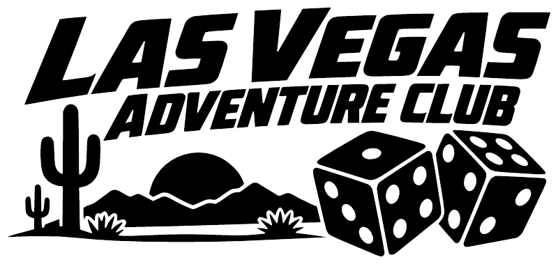Vinyl decal: bold black Las Vegas Adventure Club logo with cactus, desert, and dice