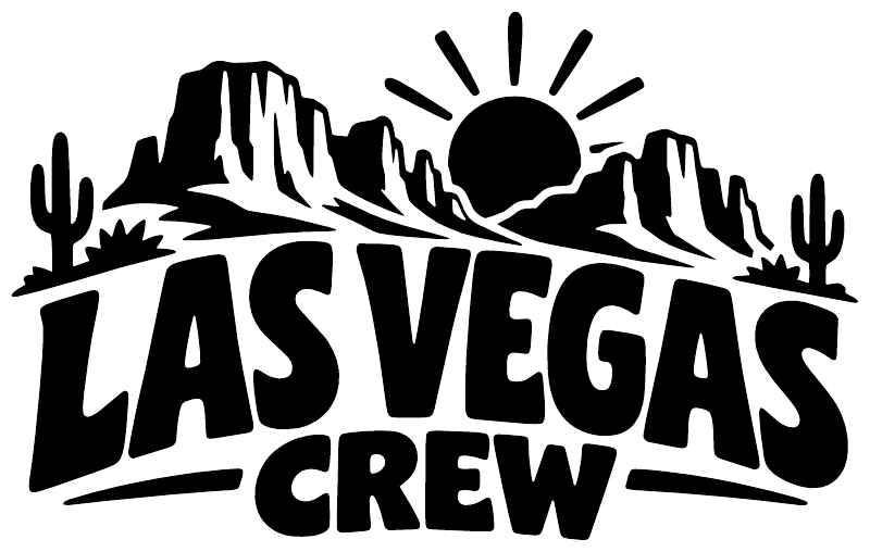 Las Vegas Crew vinyl decal close-up, bold black lettering with sun and desert skyline icons