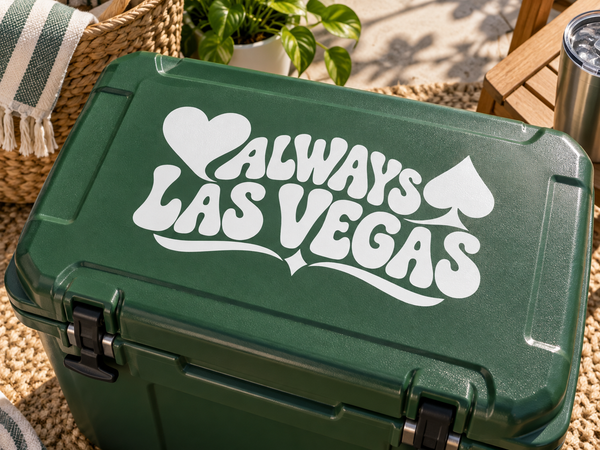Green vinyl decal reading “Always Las Vegas” with clover-heart shapes