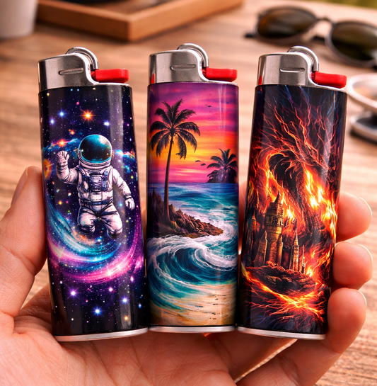 Lighter wrap stickers showing galaxy, tropical beach, and blazing city scene on three lighters