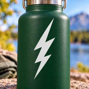 Green bottle with white three-strike lightning bolt decal