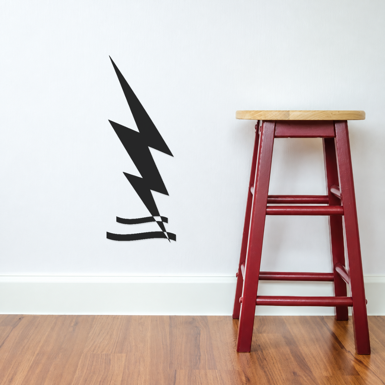 Black lightning bolt wall decal with three strikes and layered horizon ribbon lines