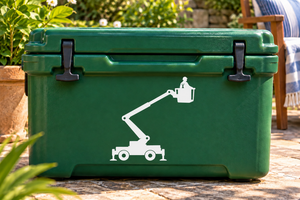 Vinyl decal of lineman on lift boom with bucket silhouette on a green toolbox