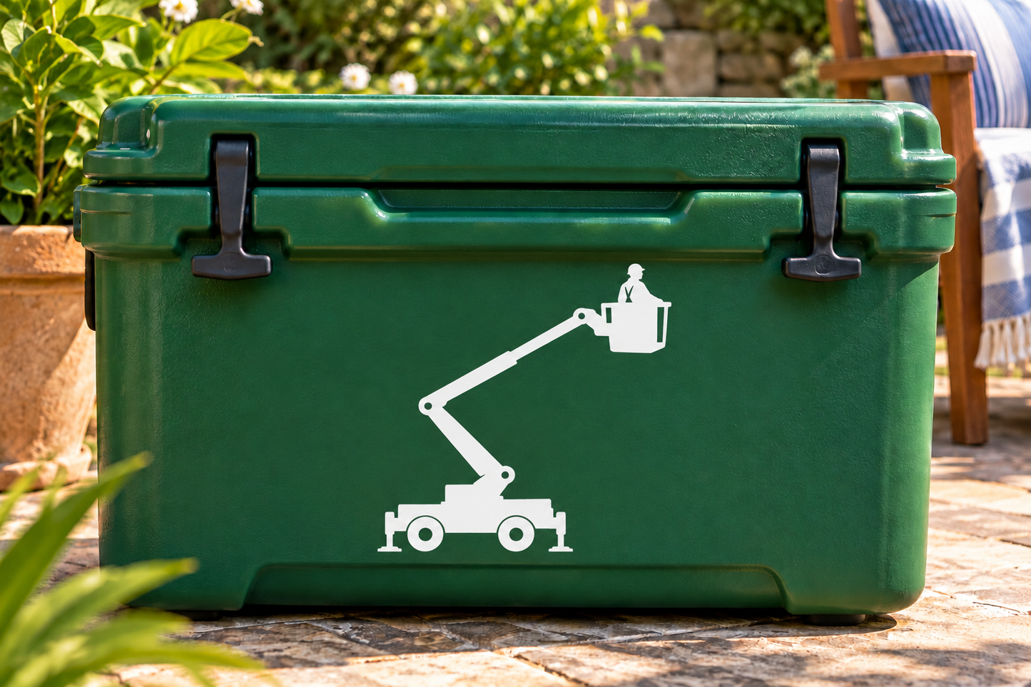 Vinyl decal of lineman on lift boom with bucket silhouette on a green toolbox