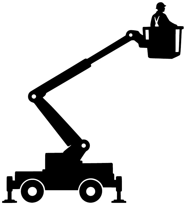 Black vinyl decal of a lineman in a bucket lift with extendable boom