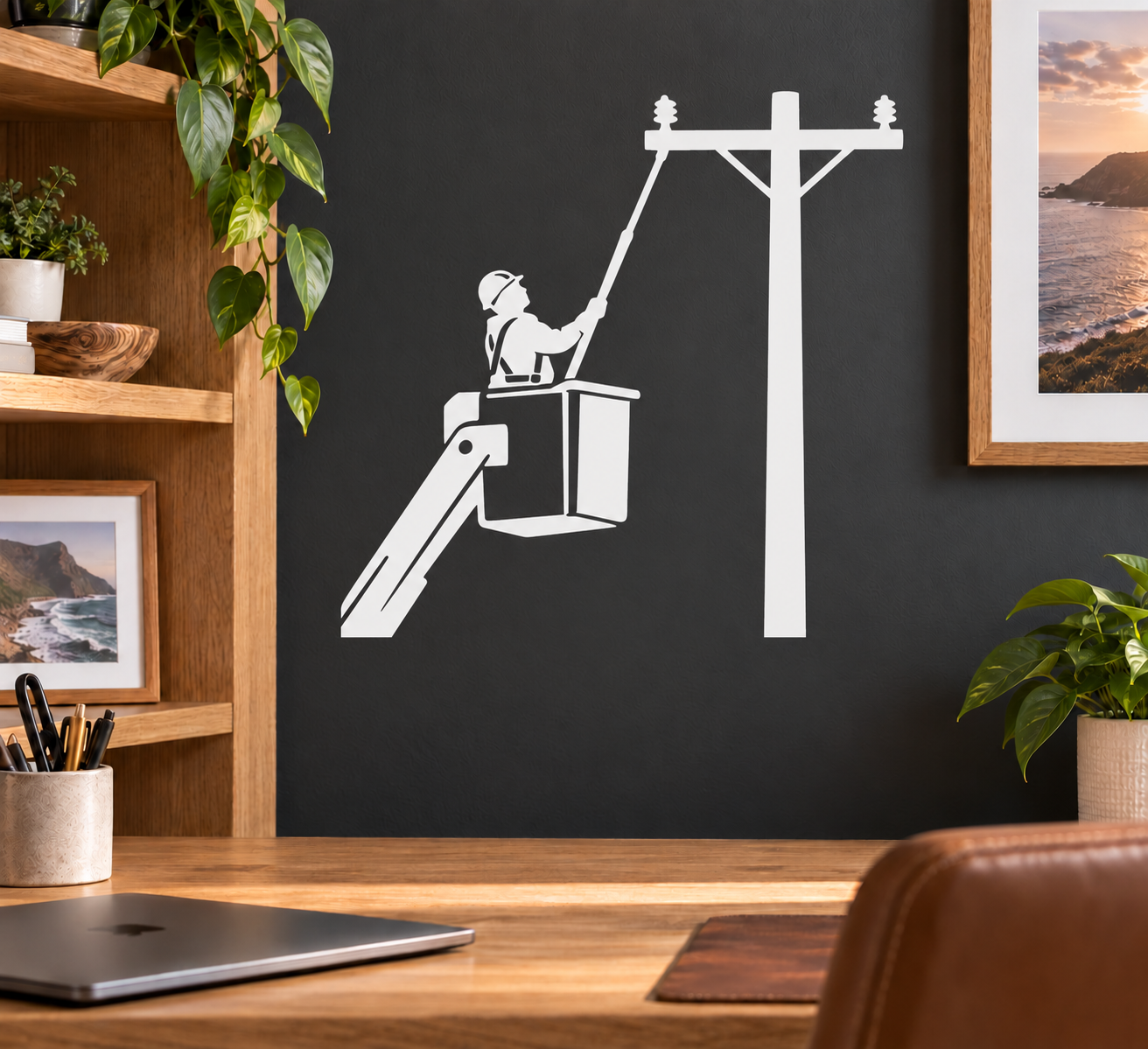 White utility worker hot stick vinyl decal with bucket on a pole, wall-ready