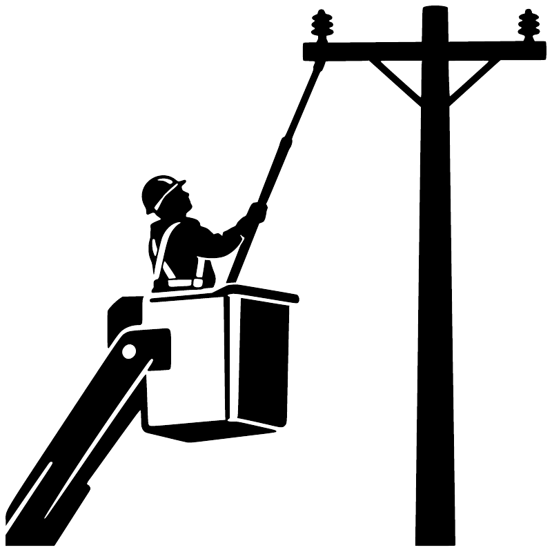Black-and-white hot stick utility worker vinyl decal with bucket on pole