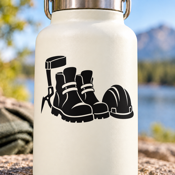 Black vinyl decal with lineworker boots, tool and hard hat icon on light surface