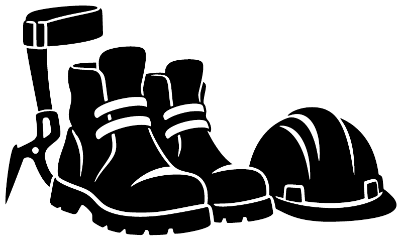 Black vinyl decal close-up: lineworker boots and hard hat icon