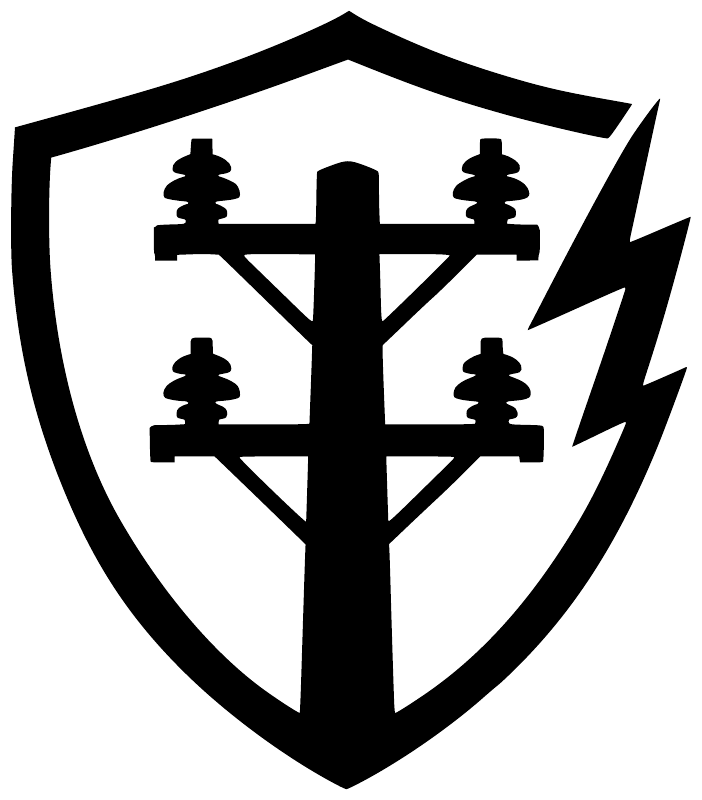 Utility pole shield vinyl decal icon: black shield, central pole, four insulators, bolt