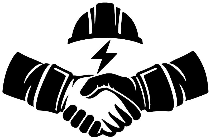 Vinyl decal graphic: black helmeted handshake with white lightning bolt, bold outline