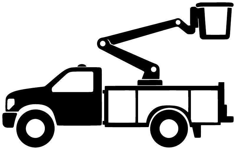 Black service truck silhouette vinyl decal with boom crane arm and bucket.