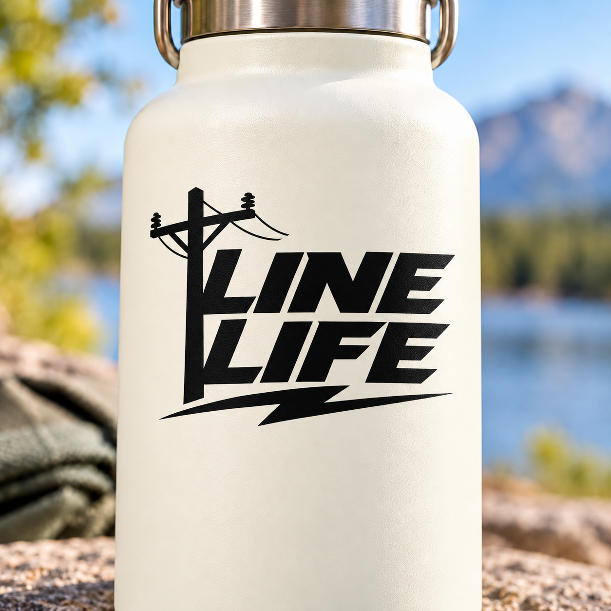 Vinyl decal with bold "LINE LIFE" lettering and utility pole crossbar icon