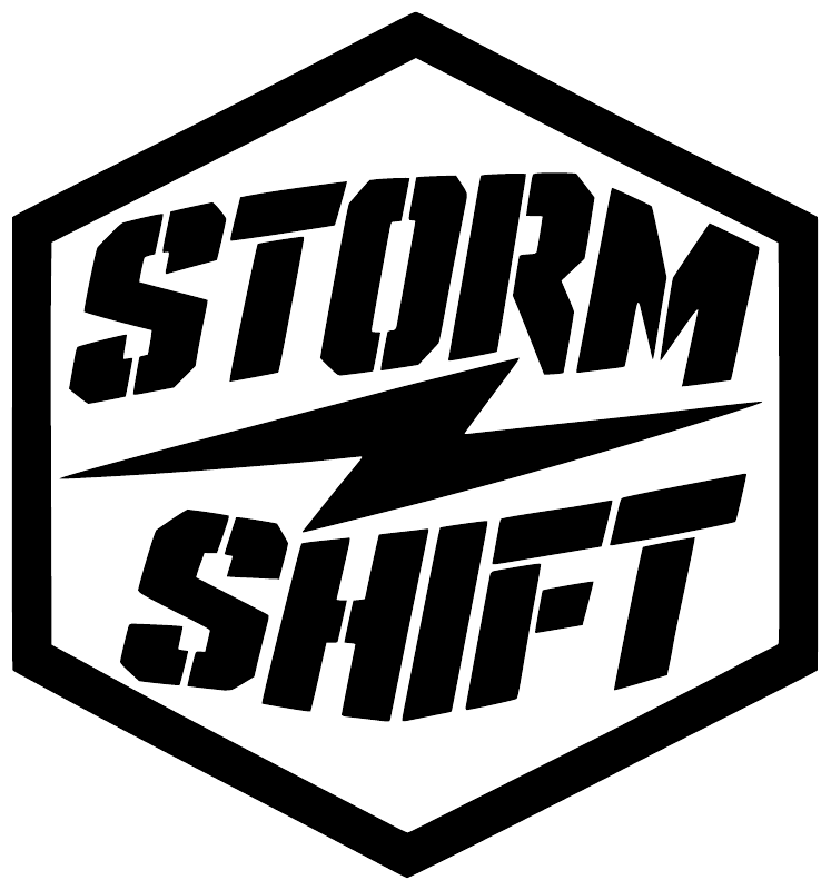 Storm Shift vinyl decal, black hex badge logo with white outline