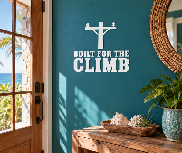 Vinyl decal with cross and text "Built for the Climb"