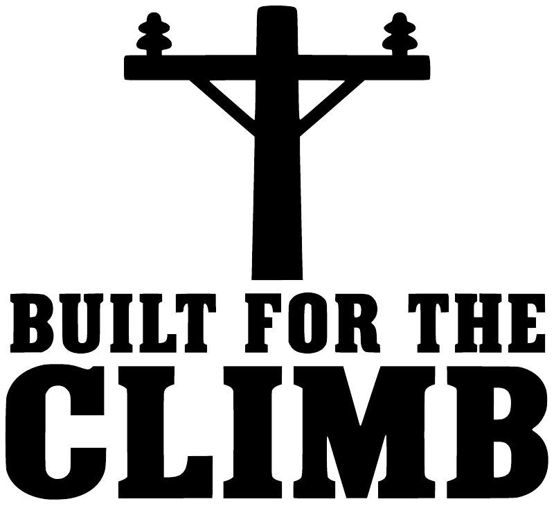 Vinyl decal close-up: black cross above "BUILT FOR THE CLIMB" lettering