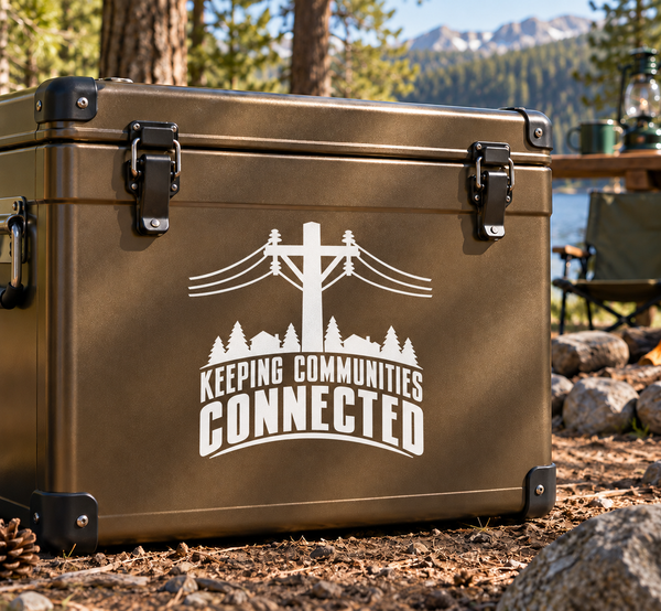 White vinyl decal with pine trees, central cross, and curved "Keeping Communities Connected" text