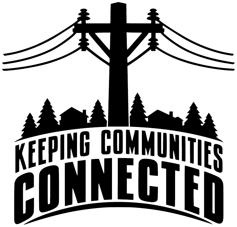 Black vinyl decal logo with cross, pine trees, and arched "Keeping Communities Connected" text