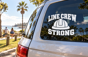 Vinyl decal with LINE CREW STRONG text and helmet icon on dark window