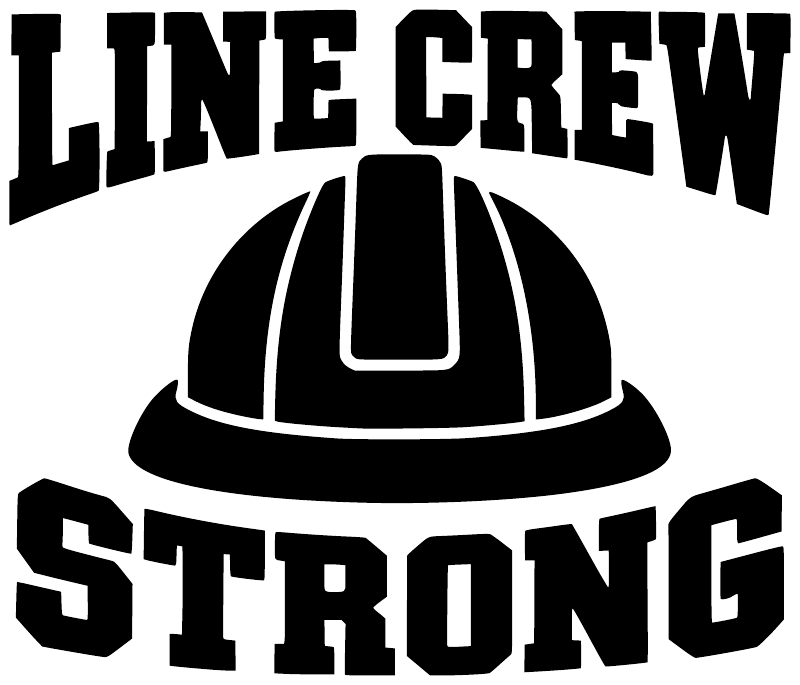 Vinyl decal design: black LINE CREW STRONG lettering with helmet icon